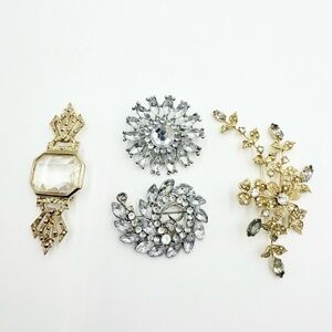 Vintage Silver Gold Tone Rhinestones Clear Faceted Glass Pin Brooches Lot